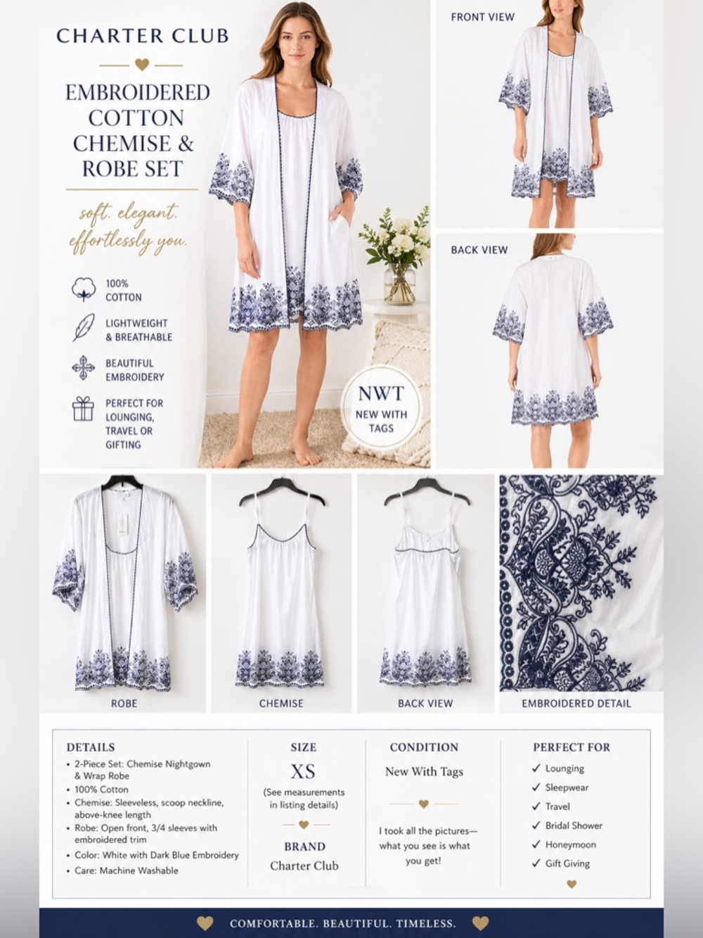 Embroidered Cotton Chemise Nightgown  Wrap Set NWT